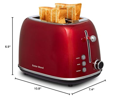 Roter Mond 2 Slice Toaster Retro Stainless Steel with Bagel, Cancel, and Defrost Functions, 6 Bread Shade Settings, Extra Wide Slots and Removable Crumb Tray, Red - color: Red