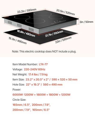 VEVOR LT4-77 Built in Electric Ceramic 23.2 x 20.5 inch Stove Top, 240V Glass Radiant Cooktop with Touch Control, Timer & Child Lock, 9 Power Levels for Simmer Steam Slow Cook Fry, 24IN 4-Burners - size: 24 IN-4 Burner+Touch Control