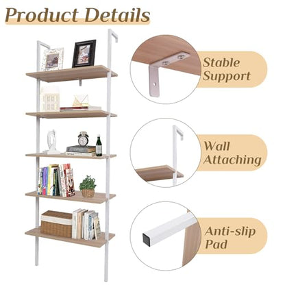 Karl home Oak 5 Tier Wall Mount Ladder Shelf, Metal Frame Open Bookcase - color: Oak