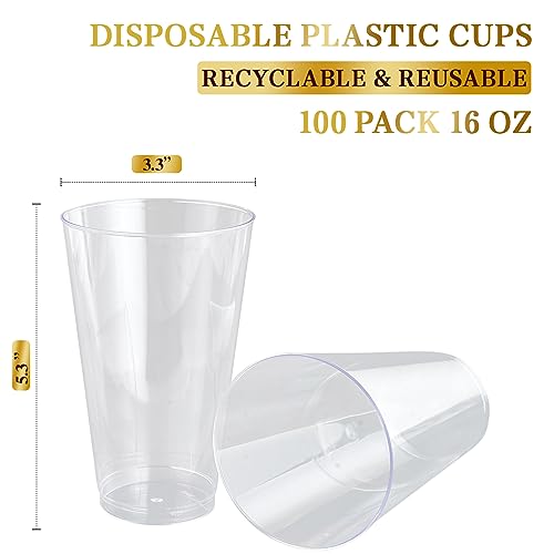 FOCUSLINE 100 Pack 16 oz Large Clear Plastic Cups, Disposable Drinking Cups - color: 16 oz Clear