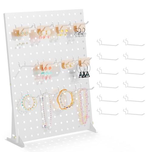 Urban Deco Portable & Adjustable Peg Board Display Stand | 17x13 Inch with 12 Hooks | Small Pegboard Quick-Setup, Metal Jewelry Organizer for Retail Stores, Craft Shows & Vendor Events (1-Pack, White) - color: White, style: 1 Set 12 Hooks