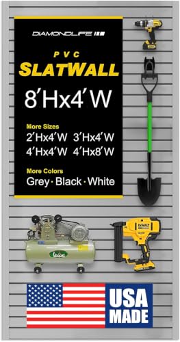 Heavy Duty 8'H X 4'W PVC Garage SlatWall Storage System (with Endcaps & Screws) - Modular Slat Wall Paneling for Garage Wall Organizer - Interlocking SlatWall Panels for Home & Commercial Use (Grey) - color: Grey, size: 8'H x 4'W