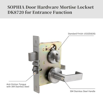 SOPHIA Commercial/Residential Heavy Duty Mortise Lockset Door Lever Lock Non-Handed Grade 1 - Rose Only Keyed Lever Lockset, ADA, US32D Satin Chrome Finish for Entrance Front Door