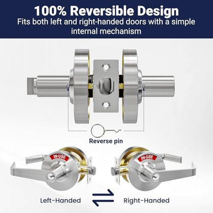 Keyed Commercial Privacy Indicator Door Lock, Heavy Duty Vacant Occupied Bathroom Handle with 90mm Large Rose (Covers Old Holes) - ANSI Grade 2 Restroom Lever for Office, Medical & Gym (Keyed Silver) - color: Keyed Silver