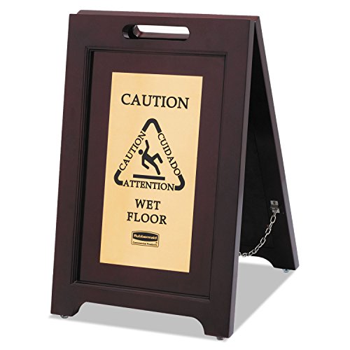 Rubbermaid Commercial Executive Series™ 22 Inch Wooden Multilingual "Caution" Safety Wet Floor Sign, 2-Sided, Gold