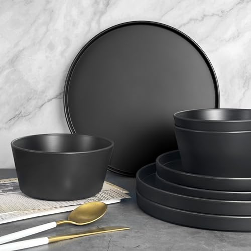 Teivio 24-Piece Kitchen Plastic Coupe Wheat Straw Dinnerware Set, Service for 6, Dinner Plates, Dessert Plate, Cereal Bowls, Cups, Unbreakable Unique Plastic Outdoor Camping RV Dishes, Black - color: Deep Black