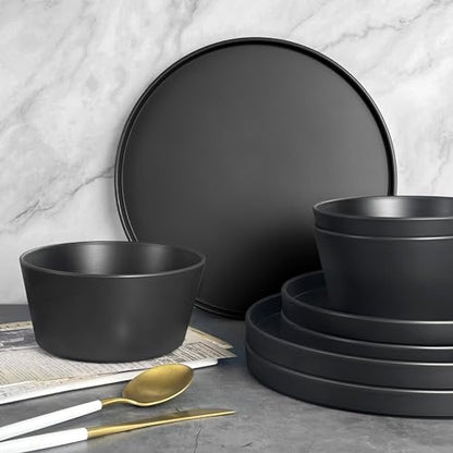 Teivio 24-Piece Kitchen Plastic Coupe Wheat Straw Dinnerware Set, Service for 6, Dinner Plates, Dessert Plate, Cereal Bowls, Cups, Unbreakable Unique Plastic Outdoor Camping RV Dishes, Black - color: Deep Black