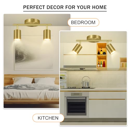BoostArea LED 2 Light Track Lighting Kit, Gold 2 Way Ceiling Spot Lighting, Flexibly Rotatable Light Head for Kitchen, Living Room, Bedroom, GU10 Bulb Not Included - color: 2 Light-Gold