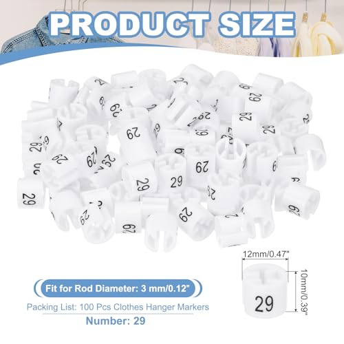 PATIKIL 100 Pcs Clothes Hanger Markers, Number 29 Tag Fit 3mm Rod Garment Size Hanger Clips Color Coding Label for Clothing Hangers, White - size: Number 29