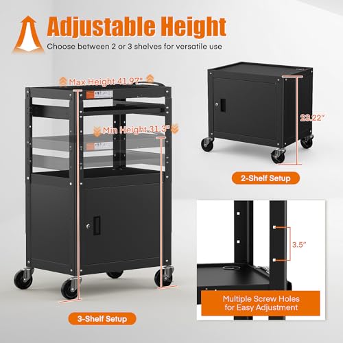 Steel Large AV Cart with Extra Storage - Adjustable Height Cart with Locking Cabinet, Pullout Tray, Power Strip, and Cord Management - Holds 300 lbs and Easy to Assemble (24'' x 18'' x 42'') - style: AV Cart with Storage(M-AV-G)