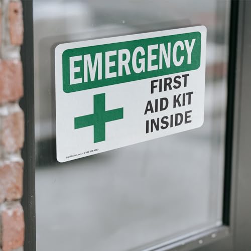 (2 Pack) First Aid Kit Inside With Symbol OSHA Emergency Sign 7 Inch X 5 Inch Vinyl Label Decal Sticker Weather Resistant, UV Protected for Workplace, Business, and Construction Site, Made in the USA
