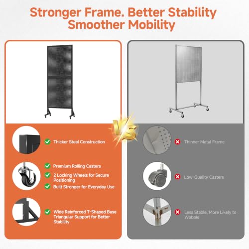 Peg Board Display Stand with Wheels,50 Hooks,2'x 5.5' - Black - color: Black