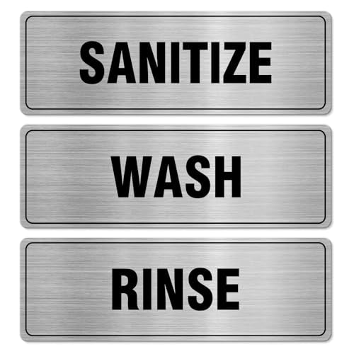 EVQ Wash Rinse Sanitize Sink Sign Aluminum Metal Silver 9 x 3 Inch 3 Pack - color: WASH RINSE SANITIZE - 9"×3"