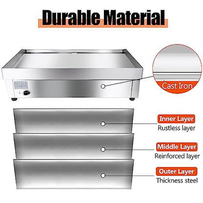 22" Commercial Electric Griddle,Electric Countertop Flat Top Griddle,110V 1600W Electric Flat Top Grill,Non-Stick Restaurant Teppanyaki Stainless Steel Grill,Adjustable Temperature Control - style: 22''