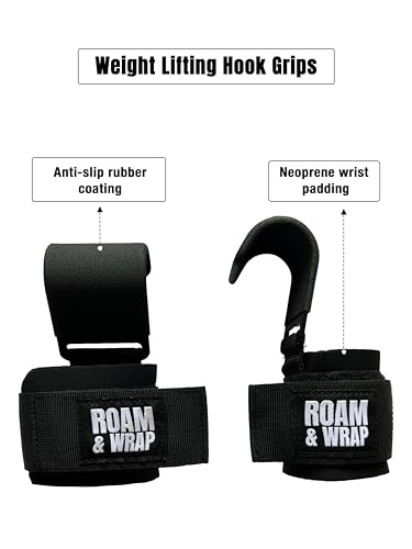 Roam & Wrap -Premium Weight Lifting Hooks for Deadlifts, Pull-Ups & Shrugs – Thick Neoprene Padding, Non-Slip Grip, Heavy Duty Wrist Support + Free 50ml Liquid Chalk - color: Black