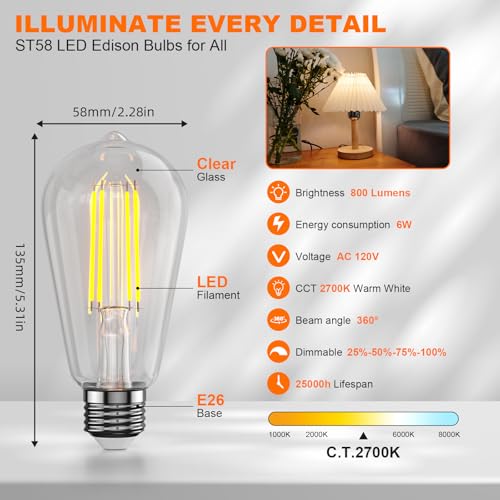 Kawaya E26 LED Edison Bulbs: 6W Equivalent 60 Watt Dimmable LED Light Bulbs - Vintage Warm Lights 2700k 800 Lumens High Brightness Filament Bulbs with 90+ CRI (12) - color: 2700k Warmwhite, size: 12 Pack