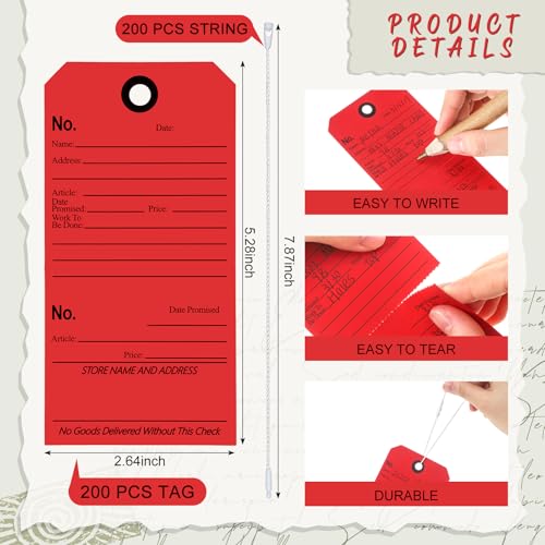 Affrolling 200 Pcs Repair Required Tags with Attached String and Stub Numbered Manila Cardstock Tags Maintenance Service, 5.3 x 2.64 Inches for Repair Required (Red) - color: Red