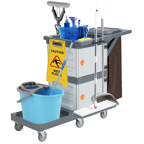 3 Shelf Commercial Janitorial Cart,2 Lockable Cabinets, Oxford Bag & Dust Cover,Wheel Rolling Housekeeping Cart for School, Hotel, Apartment & More