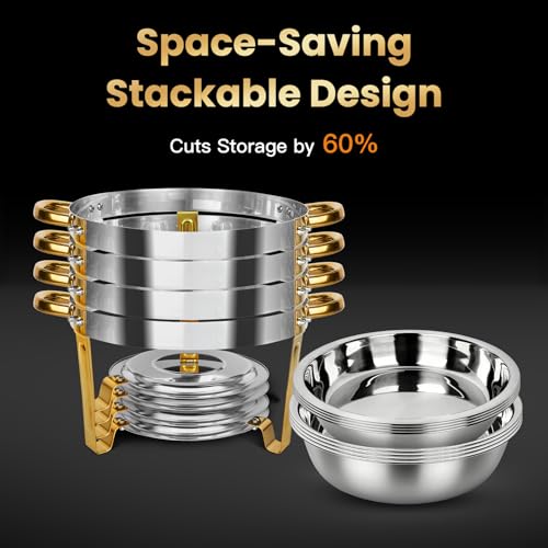 Round Chafing Dishes Buffet 4 Pack 5QT Gold Stainless Steel Lid - size: Gold-4 PACK