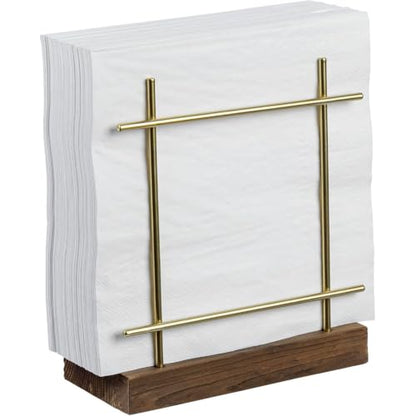 MyGift Upright Napkin Holder, Brass-Tone Metal with Burnt Brown Wood Base - color: Brass / Brown