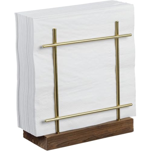 MyGift Upright Napkin Holder, Brass-Tone Metal with Burnt Brown Wood Base - color: Brass / Brown