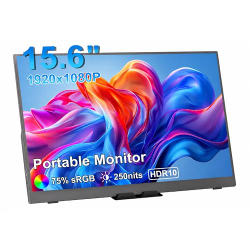 15.6 Inch Portable Monitor, 1080P FHD USB-C HDMI External Display, 250nit IPS HDR Travel Screen with Smart Stand & Speakers for Laptop PC Mac Phone Xbox Switch