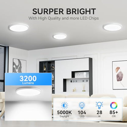 WKONCLDY 6PACK 3200lm LED Flush Mount Ceiling Light, Super Slim 12 inch LED Ceiling Light, 5000K Daylight LED Ceiling Light for Bedroom, Living Room, Dining Room, Garage and Office (White, Six Pack) - color: White, size: 12in-6Pack