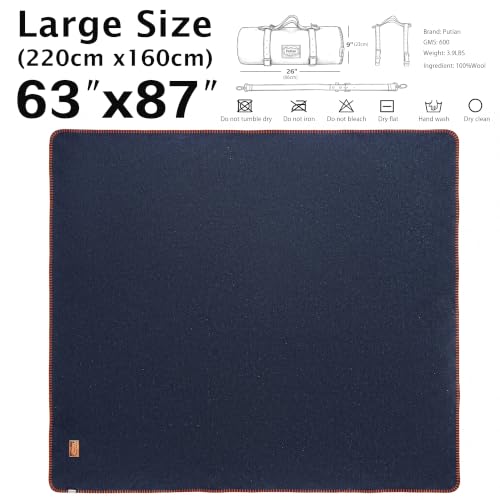 PuTian 100% Wool Blanket - Camping Outdoor Blanket,63"×87", Blue - color: Blue, size: 63" × 87"