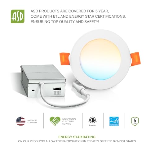 ASD 6 Pack LED Recessed Lighting 4 Inch 9W, 5 CCT 2700K-5000K CRI90+, IC Rated Ultra Thin Dimmable Ceiling Lights with J Box, Canless Wafer Downlight, Round Slim Panel Light, Energy Star ETL, White - color: White, size: 4 Inch 6 Pack