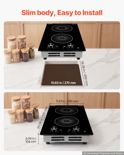 VEVOR 12 Inch Induction Cooktop 2 Burners,Built-in Electric Stove Top,Knob Control,Ceramic Glass Surface,Low-Power Continuous Heating,11 Power Levels,Child Lock,1800W,110V No Plug - size: 12IN-knob