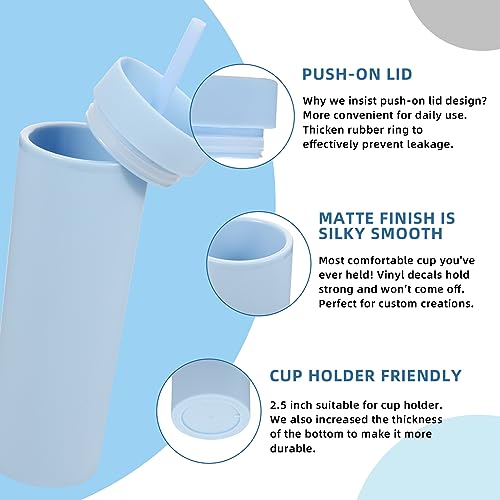 Volhoply 16oz Plastic Skinny Tumbler With Lid and Straw Bulk 4 Pack,Insulated Double Wall BPA Free Matte Acrylic Tumblers,Iced Coffee Travel Mug Reusable Party Cup,Customizable Diy Gifts(Blue,4 Set) - color: Blue