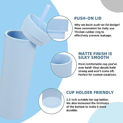 Volhoply 16oz Plastic Skinny Tumbler With Lid and Straw Bulk 4 Pack,Insulated Double Wall BPA Free Matte Acrylic Tumblers,Iced Coffee Travel Mug Reusable Party Cup,Customizable Diy Gifts(Blue,4 Set) - color: Blue