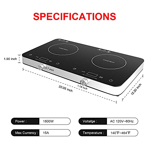 COOKTRON Portable Double Induction Cooktop, 1800W with Knob Control - size: Double Induction Cooktop with Knob Control