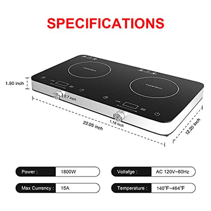 COOKTRON Portable Double Induction Cooktop, 1800W with Knob Control - size: Double Induction Cooktop with Knob Control
