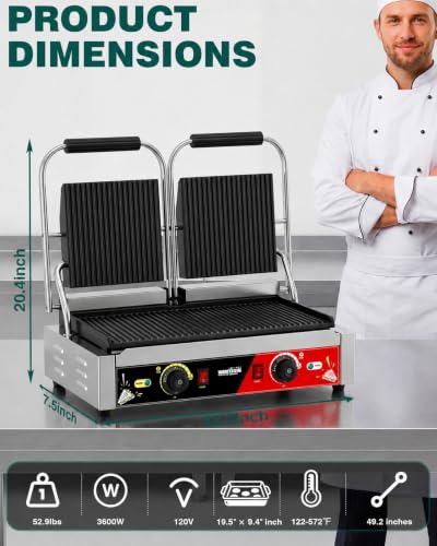 WantJoin Commercial Panini Press Sandwich Panini Maker - 3600W Fast Top & Bottom Heating, 19" x 9" Double Grooved Plates, Dual Temp Control, Sandwich Maker for Restaurant Food Truck