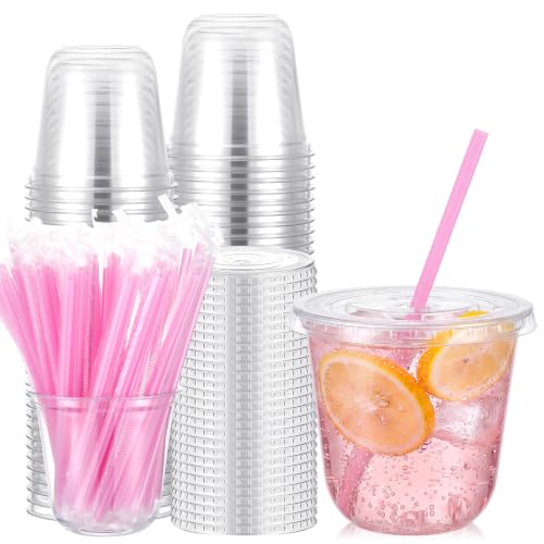 Ziliny 50 Pack 10 oz Plastic Cups with Lids Straws Iced Coffee, Pink - color: Pink, size: 10 oz