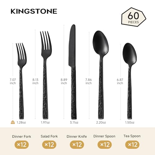 60 Pcs Black Hammered Silverware Set for 12, 18/10 Stainless Steel Flatware - color: Black, size: 60-Piece