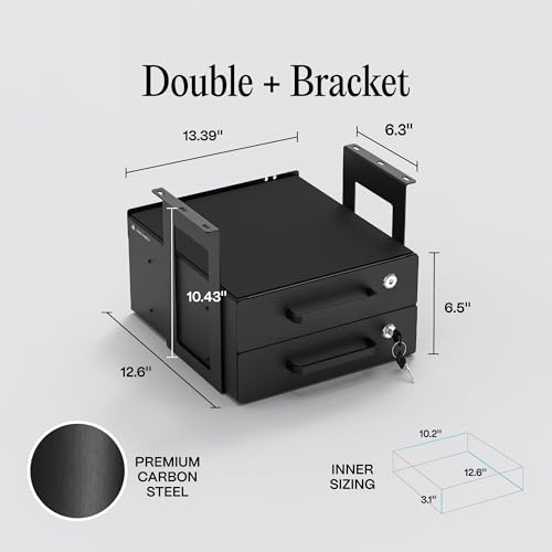Under Desk Drawer Slide-Out – Lockable Metal Storage Drawers with Cable Management for Office & Home (Double, Bracketed) - size: Double (Bracketed)