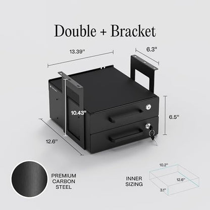 Under Desk Drawer Slide-Out – Lockable Metal Storage Drawers with Cable Management for Office & Home (Double, Bracketed) - size: Double (Bracketed)