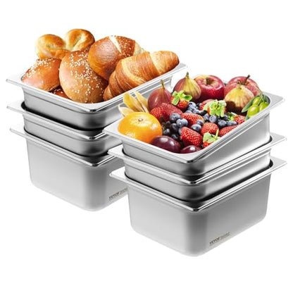VEVOR 6 Pack Stainless Steel Hotel Pans - 1/2 Size 6-Inch Deep 0.8mm Thick Anti-Jam Commercial Food Pans for Steam Tables, Restaurants, Catering & Industrial Use - size: 1/2 Size, style: 6 Inch Deep Thickened