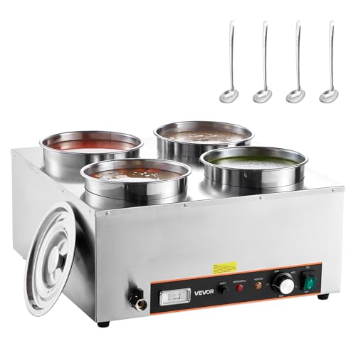 VEVOR Electric Soup Warmer, Four 6.34QT Stainless Steel Round Pot with 86~185°F Adjustable Temp, 1500W Commercial Bain Marie with Anti-Dry Burn and Reset Button, Soup Station for Restaurant, Buffet - size: 4×6L Pots