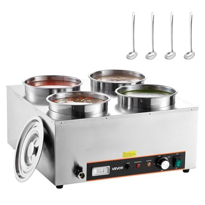 VEVOR Electric Soup Warmer, Four 6.34QT Stainless Steel Round Pot with 86~185°F Adjustable Temp, 1500W Commercial Bain Marie with Anti-Dry Burn and Reset Button, Soup Station for Restaurant, Buffet - size: 4×6L Pots