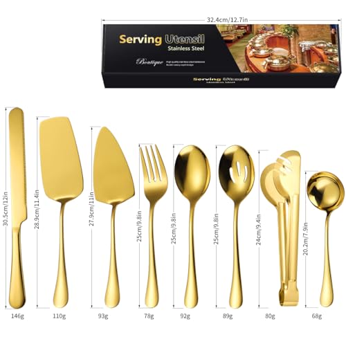 AARAINBOW Hostess Serving Utensils Set Large, 8 Pcs Stainless Steel Serving Utensils for Parties Buffet, Flatware Serving Sets with Serving Spoon Slotted Spoons Serving Forks (Golden) - color: Golden