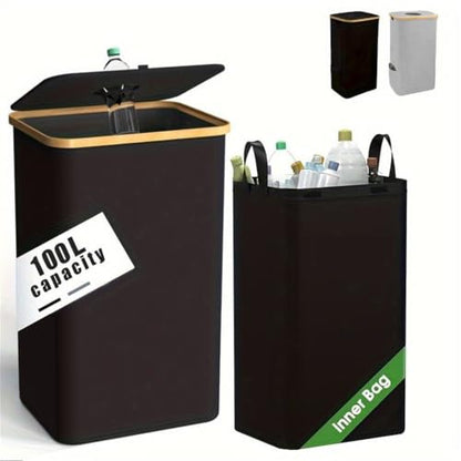 Recycling Bin 100L for Kitchen, Indoor Recycling Bins 26 Gallon Large Recycle Bin with Lid and Reusable Removeable Inner Bags for Recycling Glass, Paper Plastic, Metal Empty Bottles and Clothes,Black - color: Blcak