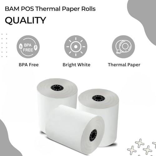 BAM POS 3 1/8” x 230’ Thermal Receipt Paper Rolls - BPA Free - Credit Card Paper - Point of Sale Cash Registers - 30 Rolls Per Case - size: 30 rolls