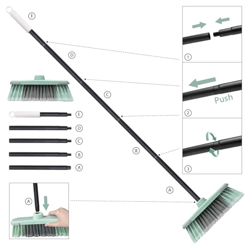Indoor Broom Soft Bristle Brooms - Brooms for Sweeping Indoor Pet Hair, House Broom for Cleaning Hardwood, Tile, and Decking Surfaces Across.（Green）