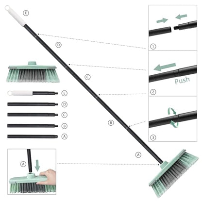 Indoor Broom Soft Bristle Brooms - Brooms for Sweeping Indoor Pet Hair, House Broom for Cleaning Hardwood, Tile, and Decking Surfaces Across.（Green）