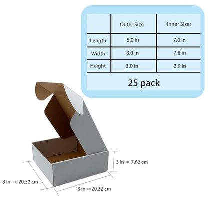 8x8x3 inch White Shipping Boxes 25Pack,Craft Gift Boxes,Bulk of Mailers - size: 8''x8''x3''