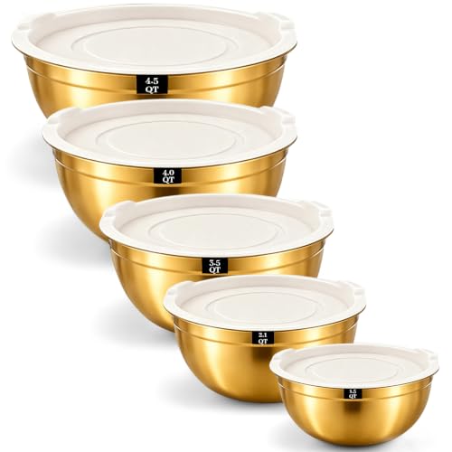 5-Piece Gold Stainless Steel Mixing Bowls with White Lids, Nesting Mixing Bowl Set in 1.5, 2.1, 3.5, 4 and 4.5 QT Sizes for Baking, Cooking, Meal Prep, Salad, Everyday Kitchen Use and Food Prep - color: 5Pcs Gold Mixing bowls