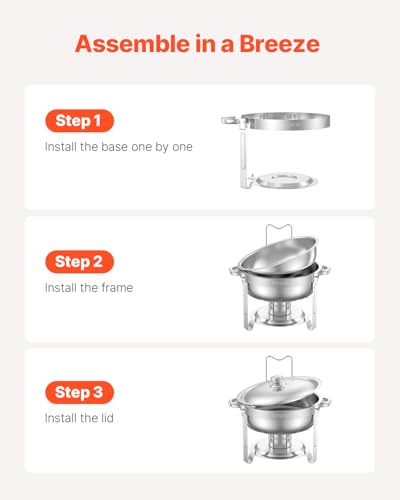 VEVOR Chafing Dish Buffet Set, 5 Qt 4 Pack, Stainless Steel Chafer with 4 Full Size Pans, Round Catering Warmer Server with Lid Water Pan Folding Stand Clip, for Weddings Parties Banquets, Silver - size: 4packs Silver
